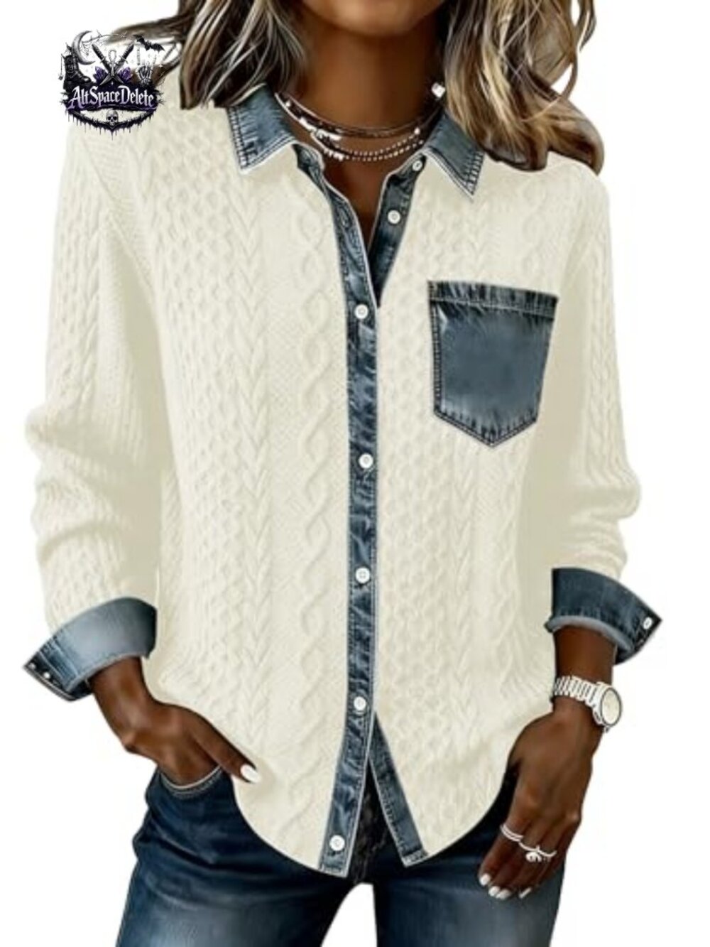 Women's Cable Knit Patchwork Shacket 95% Polyester 5% Spandex Loose Fit